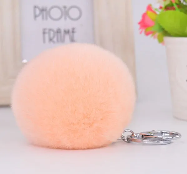8CM Genuine rex Rabbit fur ball Silver color keychain cute Car key ring Bag Pendant fur pom fluffy key chains