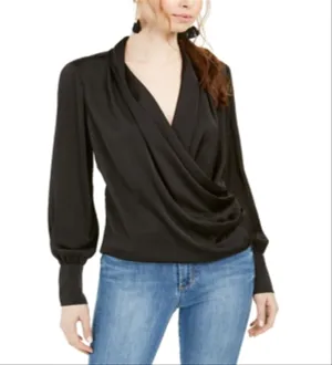 Band of Gypsies Women's Long Sleeve Surplice Neckline Top Black Size X-Small