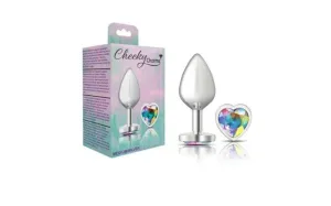 Cheeky Charms Silver Metal  Butt Plug w Heart Clear Jewel Medium