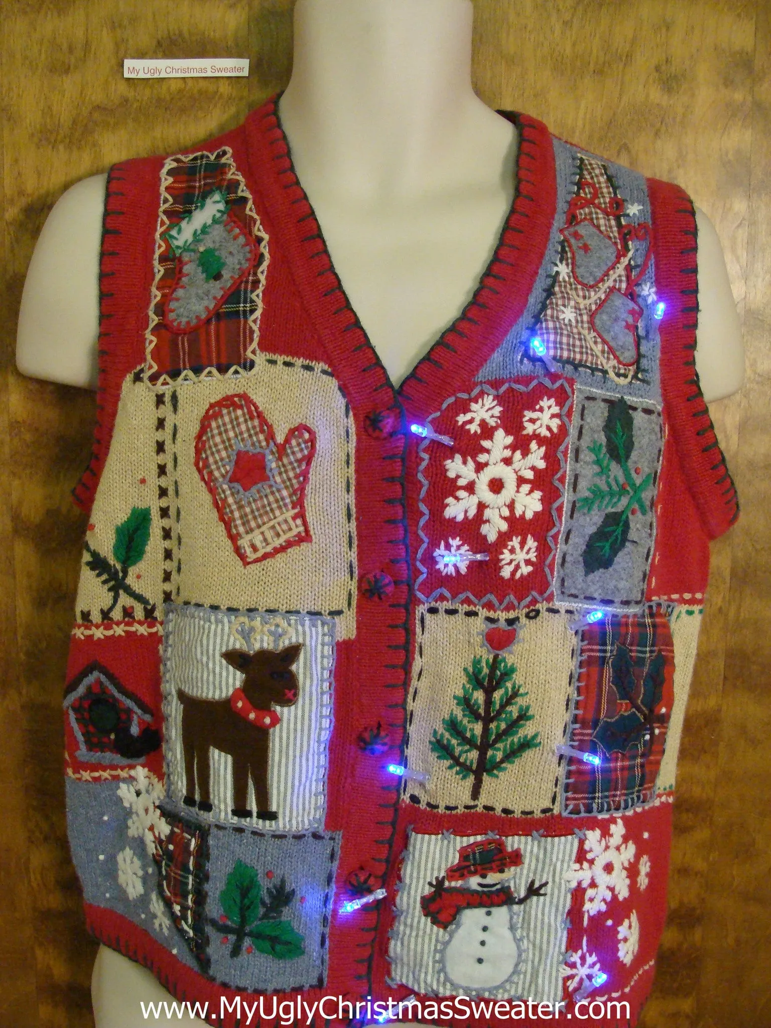 Cute Reindeer Patchwork Christmas Sweater Vest with Lights