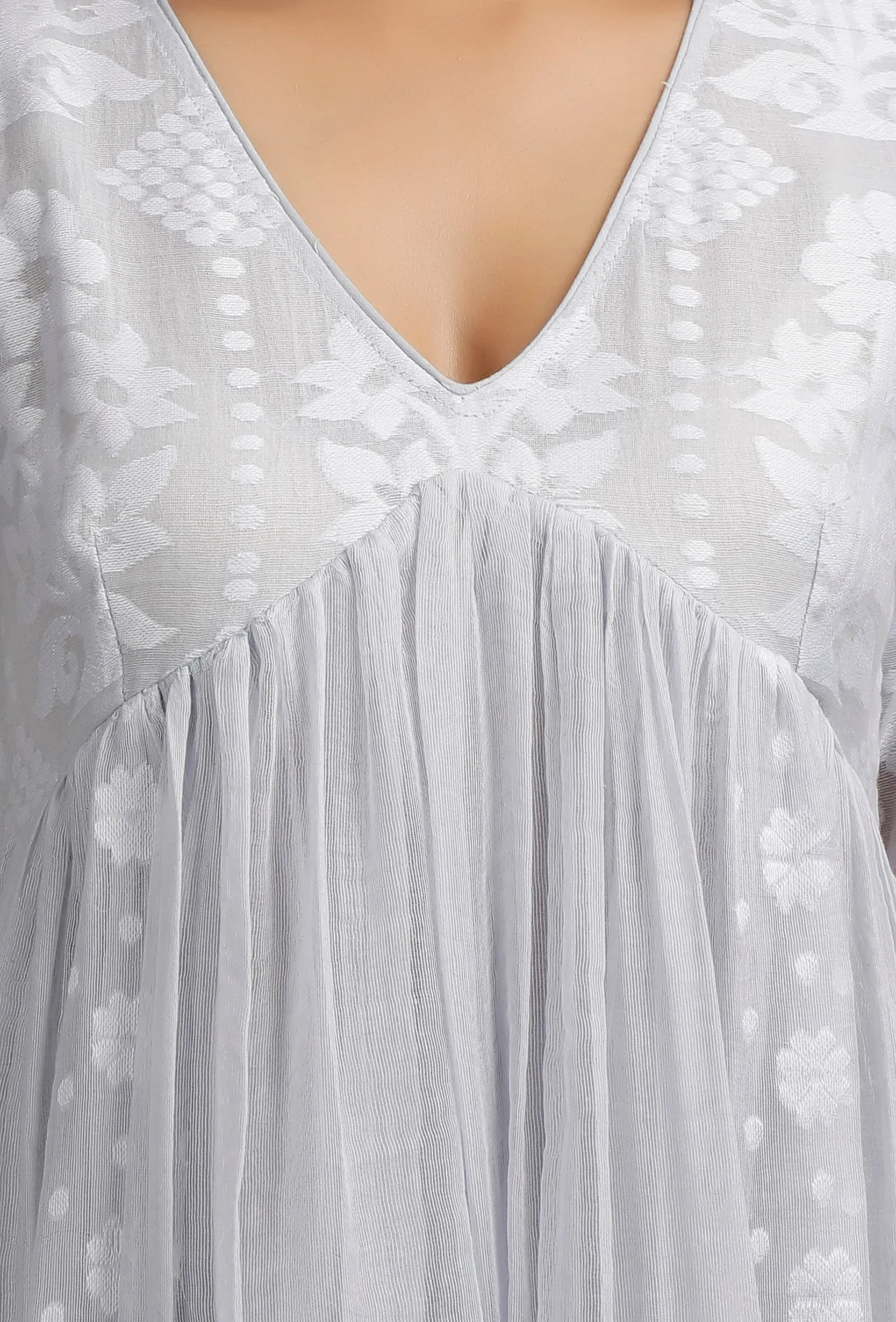 Pale Blue Floral Jamdani Front Gather Kurta
